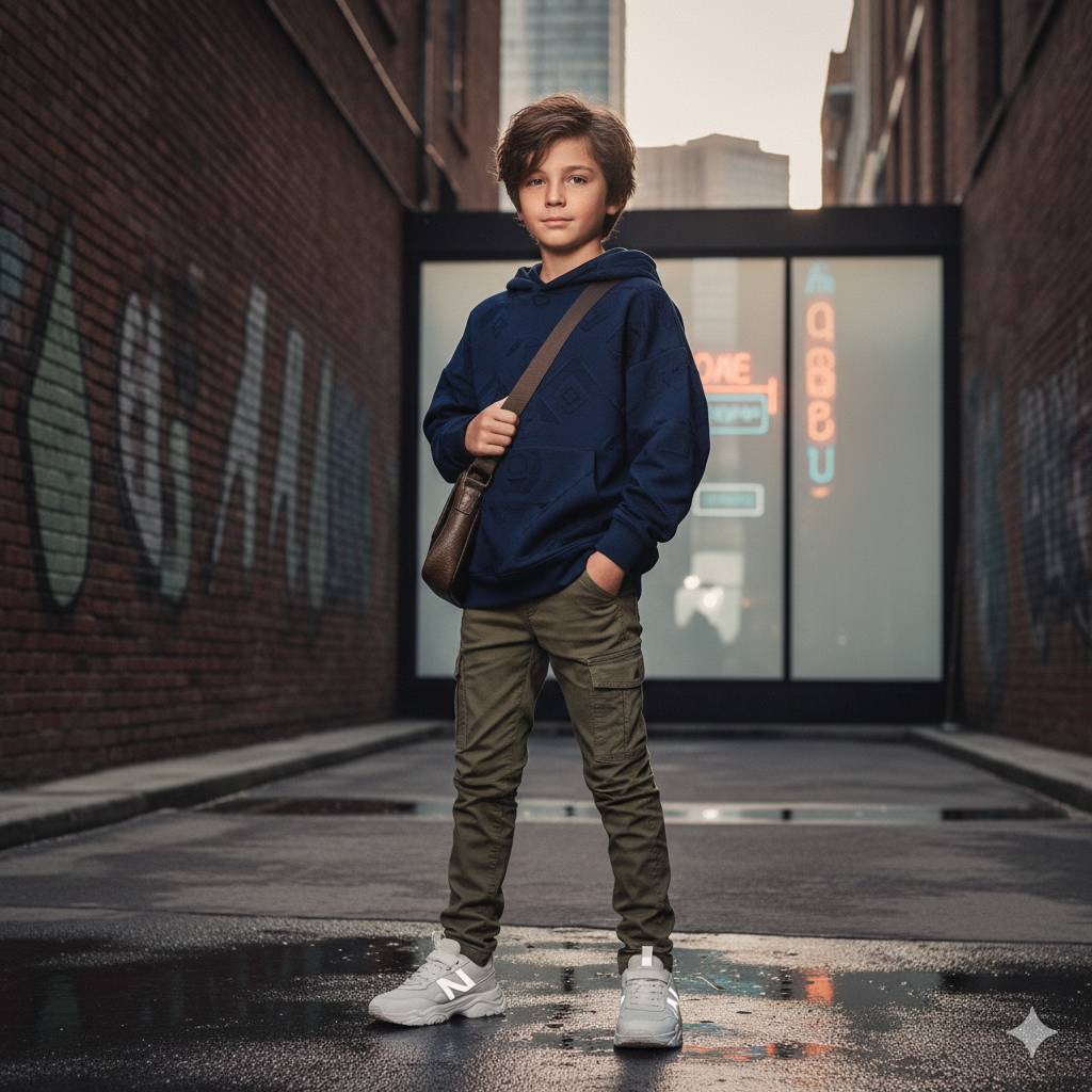 Mannequin garçon de 10 ans qui pose dans une rue à Aubervilliers